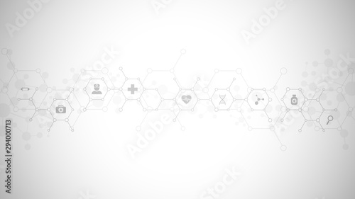 Abstract medical background with flat icons and symbols. Template design with concept and idea for healthcare technology, innovation medicine, health, science and research.