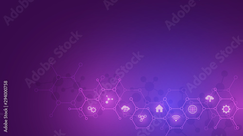 Technology background with flat icons and symbols. Concept and idea for internet of things, communication, network, innovation technology, system integration. Vector illustration.