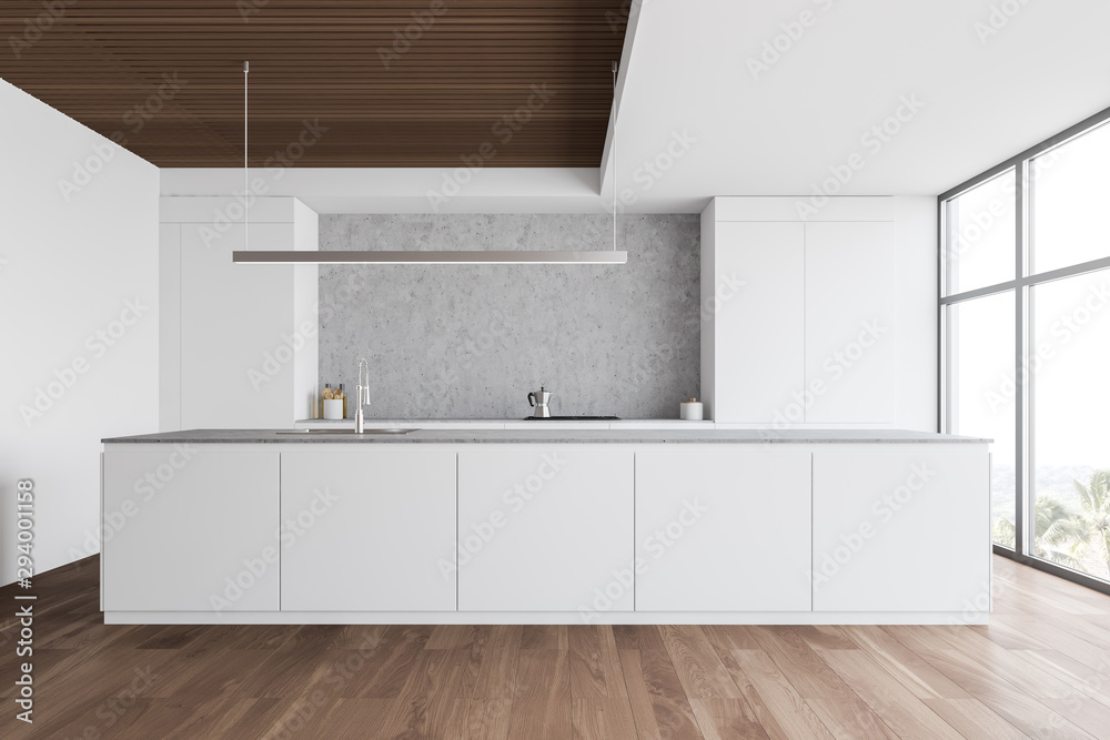 White and wooden kitchen with countertops - obrazy, fototapety, plakaty 