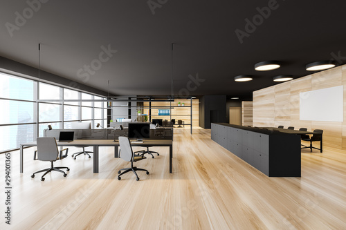 Dark gray open space office with meeting room