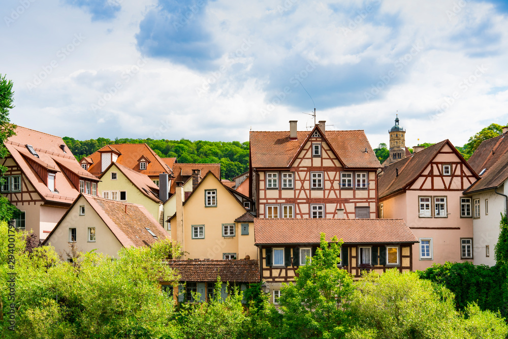 half timbered houses and tower of St Michael church. Schwabisch Hall, Germany half timbered houses and tower of St Michael church. Schwabisch Hall, Germany