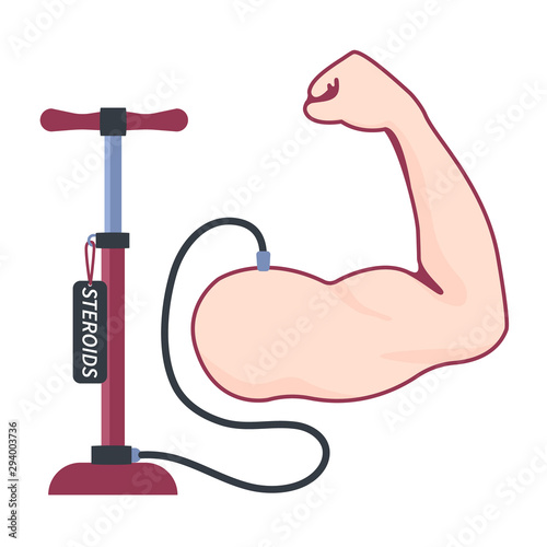 Pump inflating steroids and growth supplements into bodybuilder strong muscular arm. Sportsman taking doping, anabolic and protein. Sport and fitness concept. Vector cartoon illustration.