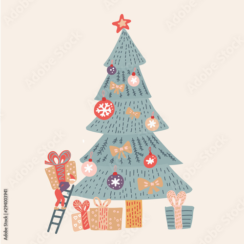 Hand drawn vector fun Merry Christmas time cartoon illustration card with smal elf who decorats Christmas tree and surprise gift boxes isolated on biege background. Santa helper in doodle style.