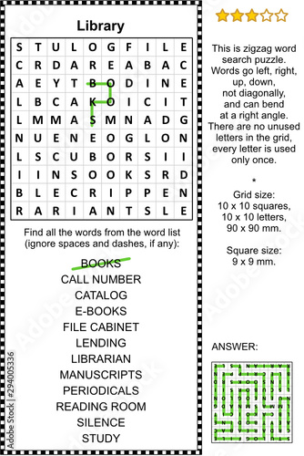 Library themed zigzag word search puzzle (suitable both for kids and adults). Answer included.
