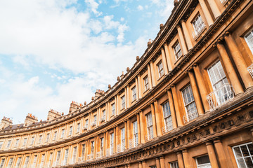 The Circus - the iconic British style architecture buildings.The historic street of large townhouses in the city of Bath.