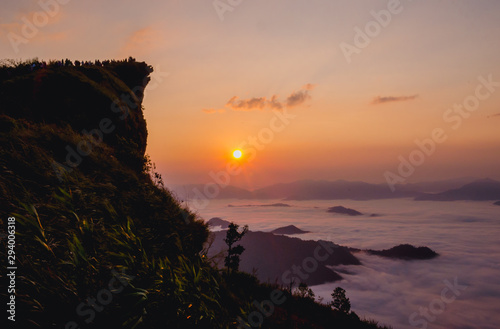 great mountain with sunrise and mist