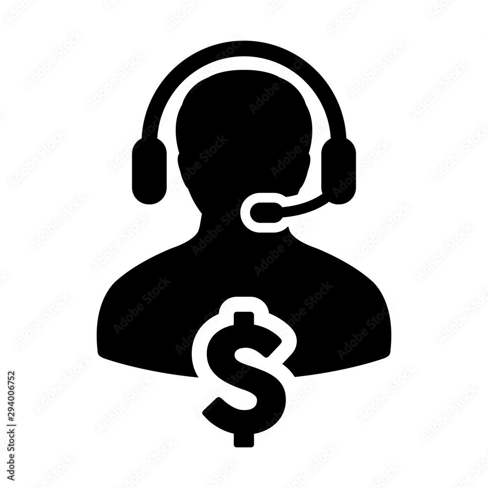Client service icon vector and dollar sign money symbol with male customer care person avatar symbol with headphone for banking and business support in a glyph pictogram illustration Client service icon vector and dollar sign money symbol with male customer care person avatar symbol with headphone for banking and business support in a glyph pictogram illustration