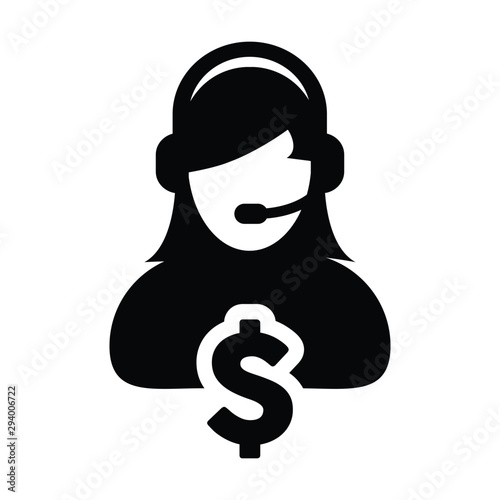 Business service icon vector and dollar sign money symbol with female customer care person avatar symbol with headphone for banking and financial business support in a glyph pictogram illustration