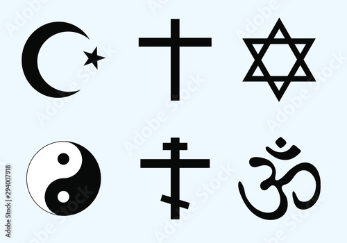 Set of world religion symbols. Vector icons of major religious groups - Islam, Christianity, Judaism, Taoism, Hinduism. Cross, Crescent moon and Star, Six pointed Star of David, Yin Yang and Om (Aum)