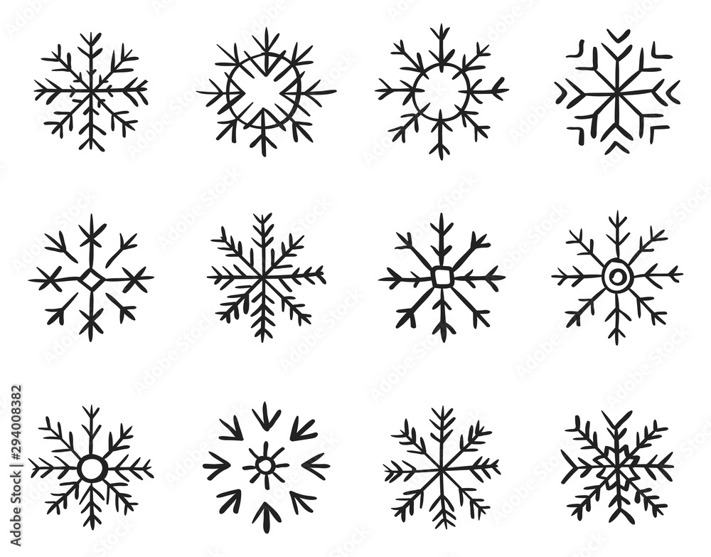 Obraz premium Set of hand drawn snowflakes. New year and winter doodle symbol for print, web, design.