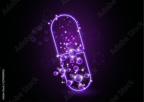 Abstract neon capsule, pill with molecules. The concept of medicine, healthcare, pharmacy and modern science.