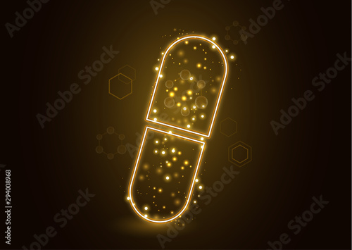 Abstract neon capsule, pill with molecules. The concept of medicine, healthcare, pharmacy and modern science.