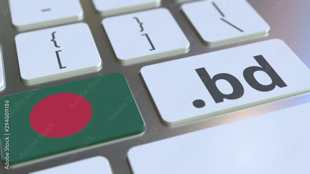 Bangladeshi domain .bd and flag of Bangladesh on the buttons on the computer keyboard. National internet related 3D animation