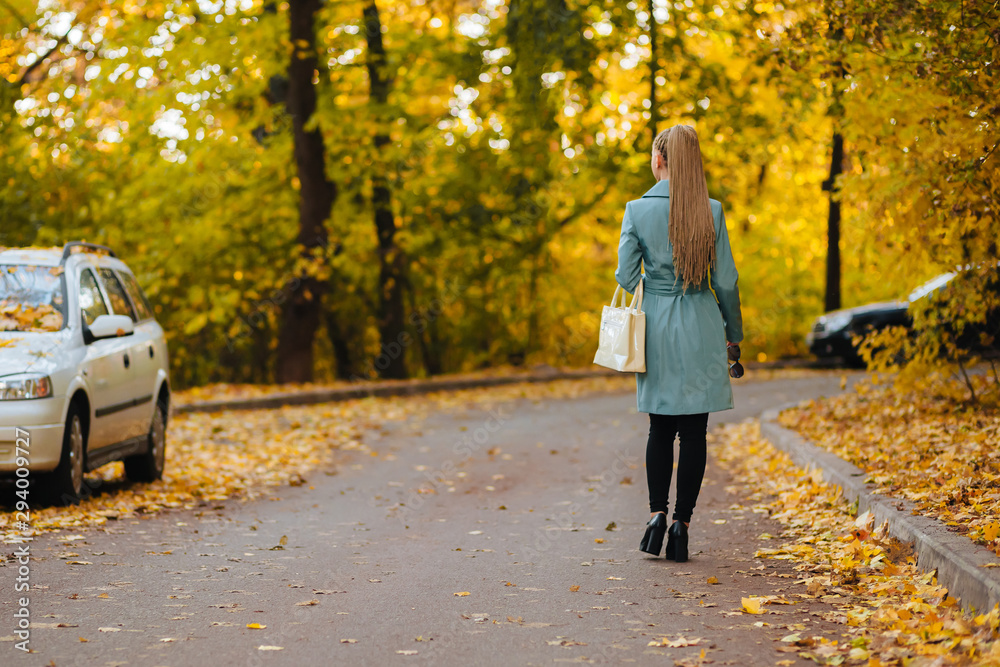 Fototapeta premium Girl walking on autumn road back view