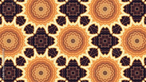 Abstract fractal pattern with golden threads. Geometric figure of repetitive shapes. Kaleidoscopic effect