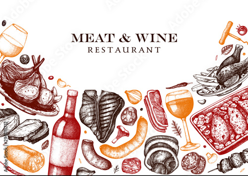 Meat and wine vector design. Hand drawn food and alcohol drinks illustration. Meat restaurant menu template in engraved style. Vintage background for grill restaurant or wine bar.