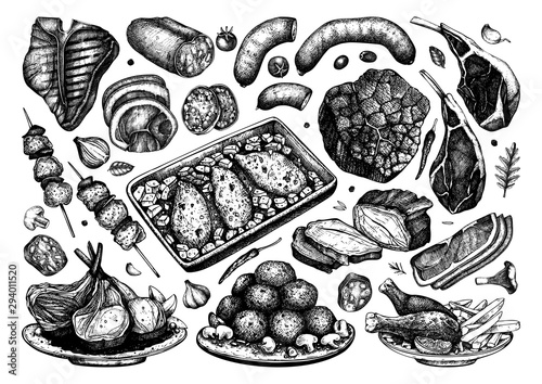 Meat dishes vector drawings. Hand drawn food illustrations. Meat restaurant menu design elements in engraved style. Vintage illustrations for beer restaurant, grill bar or pub. 