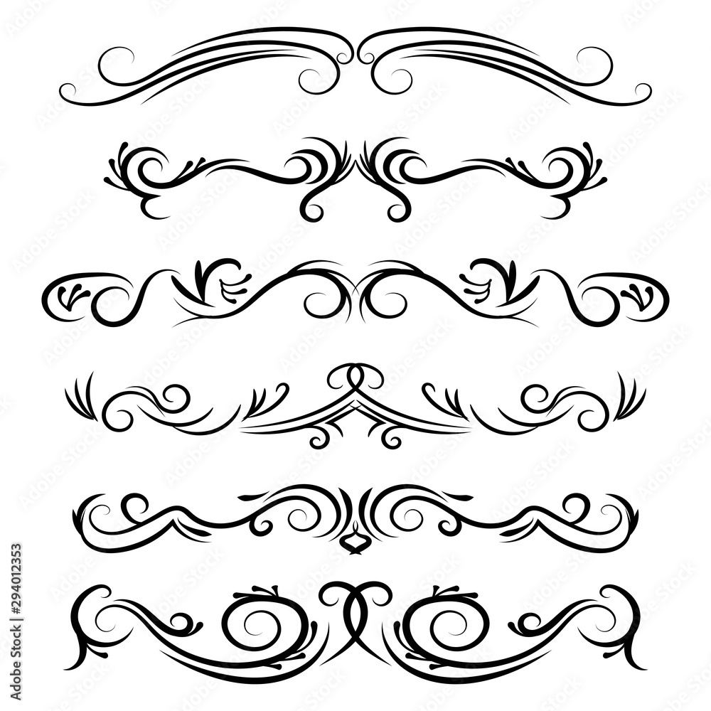 Hand drawn vector dividers. Decorative swirls lines, borders and curl set. Design elements 8
