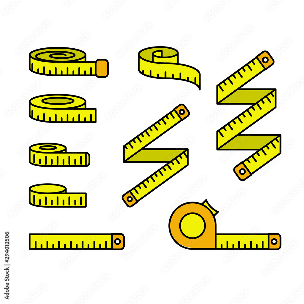 Tape measure icons - set of measuring tapes and ruler reels, centimeter  bobbin Stock Vector