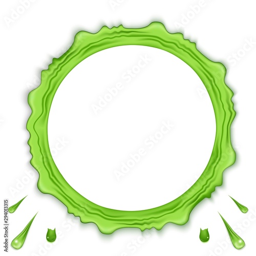 Green transparent slime set isolated on background. Circular splash ring frame. Goo spooky dripping liquid Drops and splashes. Design elements for halloween scary slime banner
