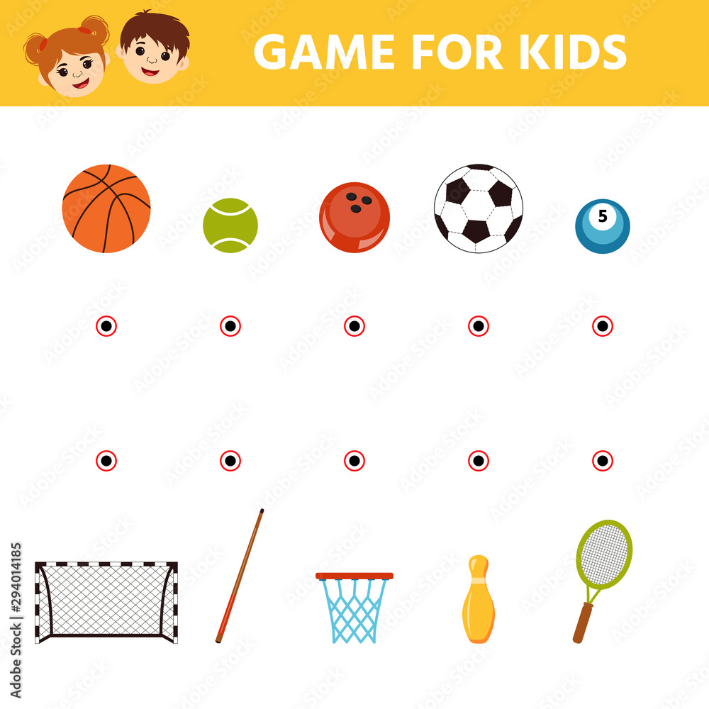 Educational game for children. Kids activity sheet. Cartoon sport balls. Connect sports equipment