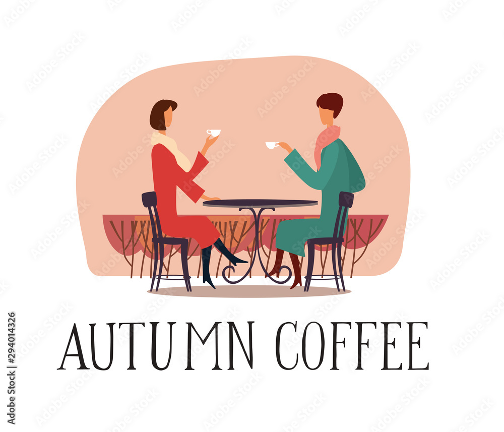 The inscription Autumn coffee. Two women are drinking coffee on the street. Vector hand drawing