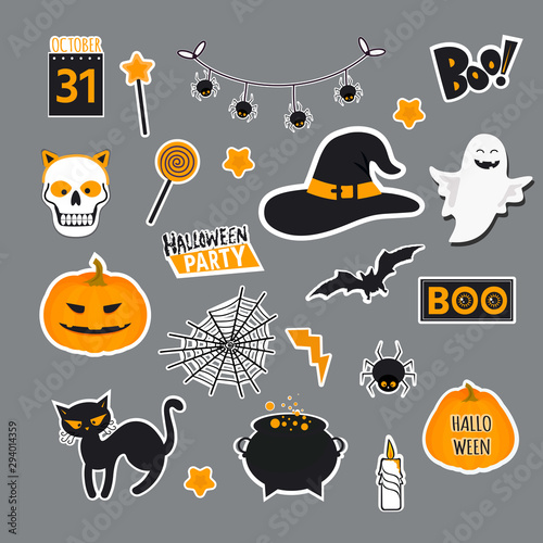 Vector illustration of set of halloween element with pumpkin, skeleton, pot of potion, ghosts and bats. Illustration can use for kids decor, print, card, sticker kit