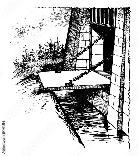 Draw Bridge, wooden bridge,  vintage engraving.