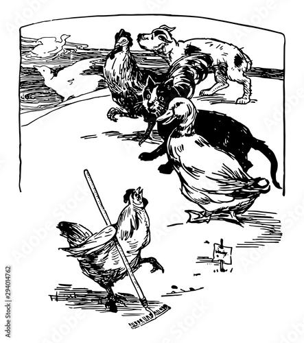 Hen Raking Barnyard with Animals Watching, vintage illustration