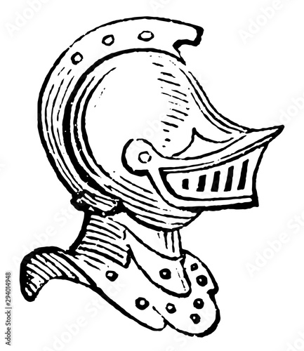 Helmet with Beaver are part of the helmet that defends the sight, vintage engraving.
