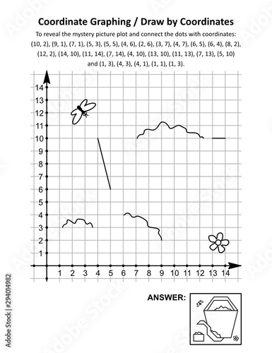 Coordinate graphing, or draw by coordinates, math worksheet with bucket and shovel for beach: To reveal the mystery picture plot and connect the dots with given coordinates. Answer included.