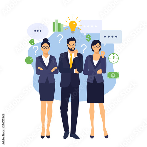 Financial analytics concept.Businessman and businesswomen with a question mark and a light bulb over his head. Many questions and insight. People having business idea vector illustration.