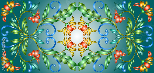 Illustration in stained glass style with abstract  swirls,flowers and leaves  on a cyan e background,horizontal orientation