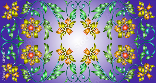 Illustration in stained glass style with abstract  swirls,flowers and leaves  on a blue background,horizontal orientation