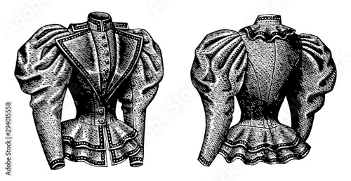 Fitted Jacket, puffed sleeves, vintage engraving.