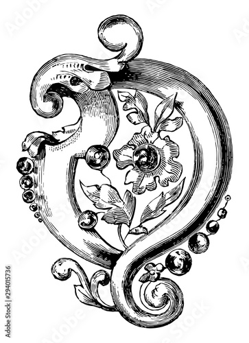 Brooch, flowers and leaves, vintage engraving.