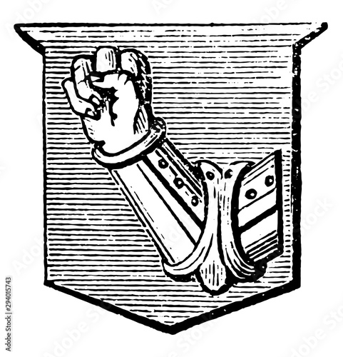 Arm with Fist Clenched is a dexter arm vambraced couped, vintage engraving. photo