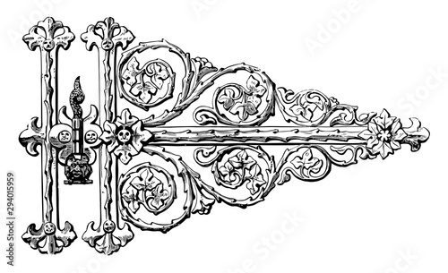Gothic Hinge, scrolling leaf,  vintage engraving.