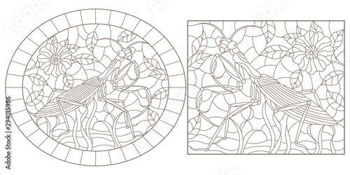Set of contour illustrations of stained glass with mantises and flowers, dark outlines on white background