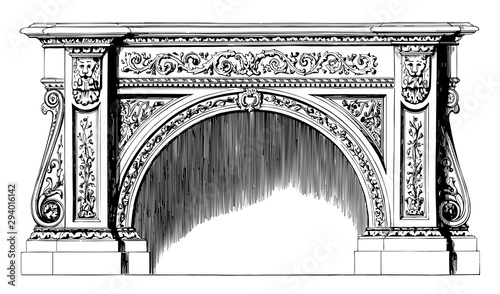 Fireplace, laundry,  vintage engraving.