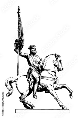 Statue was one of the leaders of the First Crusade during medieval times in 1095, vintage engraving.
