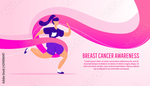 Winning concept of breast cancer awareness month. Young girl runs in a charity marathon with a pink ribbon on a gradient background.