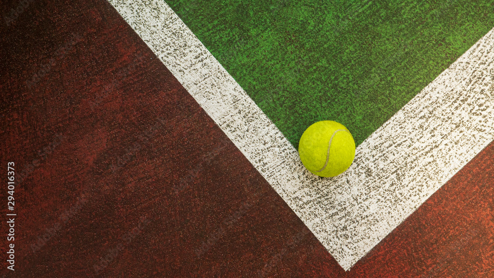 Yellow tennis ball hitting the sidelines on an green and orange artificial tennis court, sport background