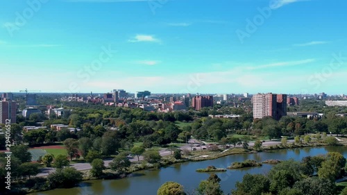 Chicago,IL/USA-September 21st 2019: aerial drone view of the Museum of science and industry from the phoenix garden park in the south side of Chicago. the landscape is a beautiful tourist destination. photo