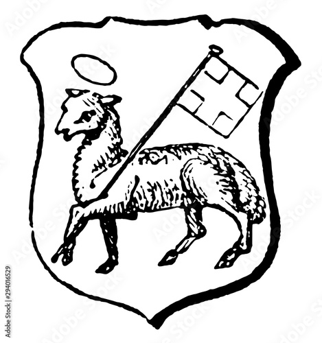 Paschal Lamb have carrying a banner charged with a cross, vintage engraving.