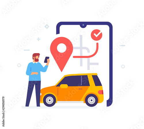 Man calls a taxi through the app icon, illustration. Smartphones tablets user interface social media.Flat illustration Icons infographics. Landing page site print poster.
