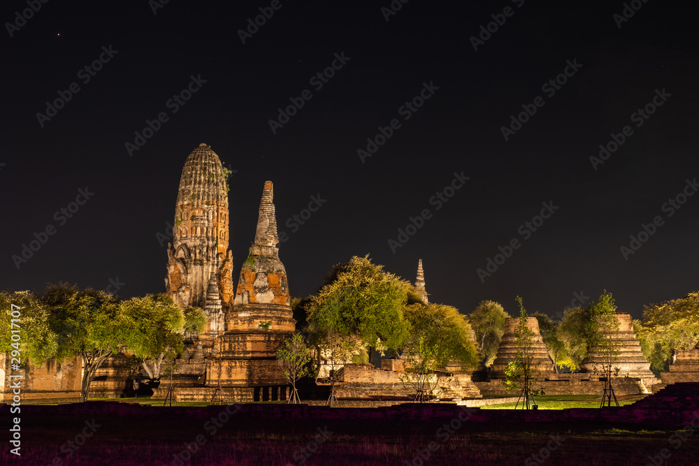 Fototapeta premium Ayutthaya ,Thailand Wat Phra Ram at night with lights Old temple