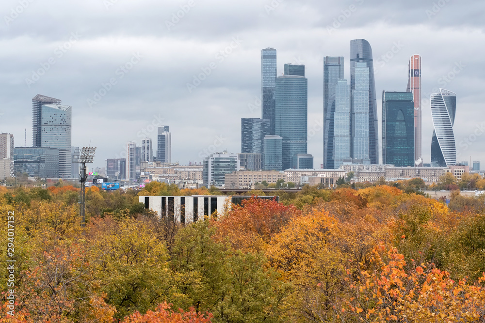 Obraz premium Autumn cityscape. View at Moscow city, business centre of the russian capital. Moscow, Russia.
