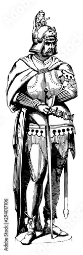 Armor Figure is displayed at the foundry of the Prince of Salms in Vienna, vintage engraving.