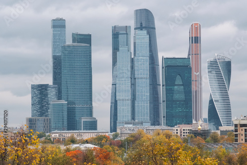 Autumn cityscape. View at Moscow city, business centre of the russian capital. Moscow, Russia.